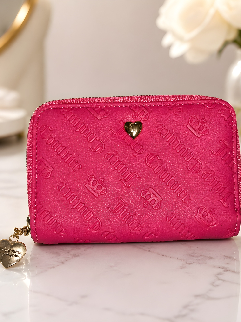 Juicy Couture Hot Pink Embossed Double Zip-Around Wallet with Gold Heart Charm